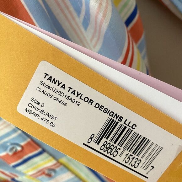 Tanya Taylor Claude Stripe Rainbow Dress Puff Sleeve Belt Sz 0 NWT $475 - Picture 8 of 16